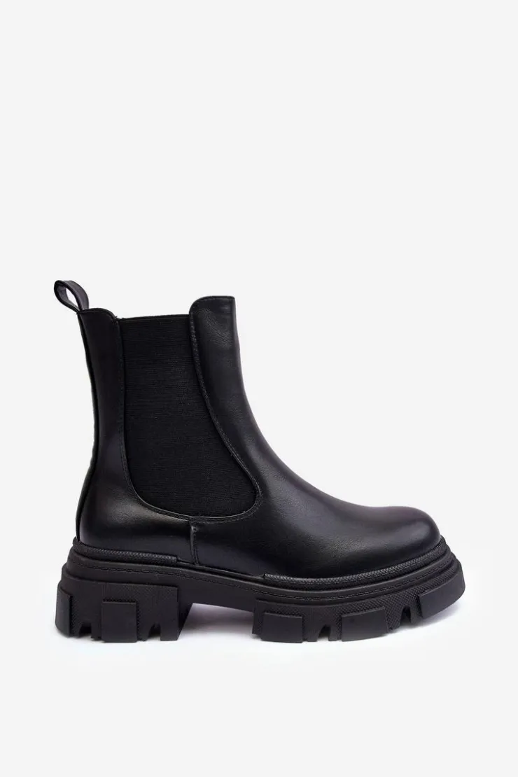 New Boto Skórzane Botki Sztyblety Na Płaskim Obcasie i Platformie Czarne Solita