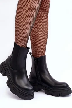 New Boto Skórzane Botki Sztyblety Na Płaskim Obcasie i Platformie Czarne Solita