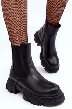 New Boto Skórzane Botki Sztyblety Na Płaskim Obcasie i Platformie Czarne Solita