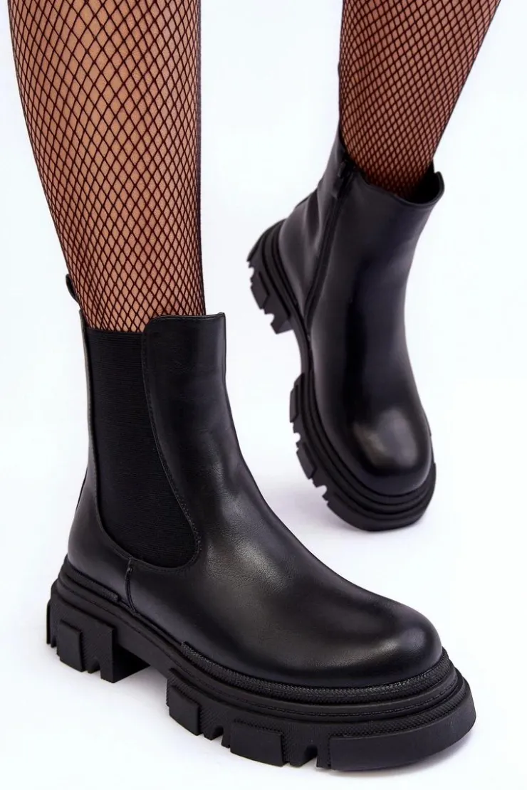 New Boto Skórzane Botki Sztyblety Na Płaskim Obcasie i Platformie Czarne Solita