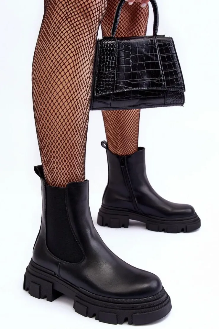 New Boto Skórzane Botki Sztyblety Na Płaskim Obcasie i Platformie Czarne Solita