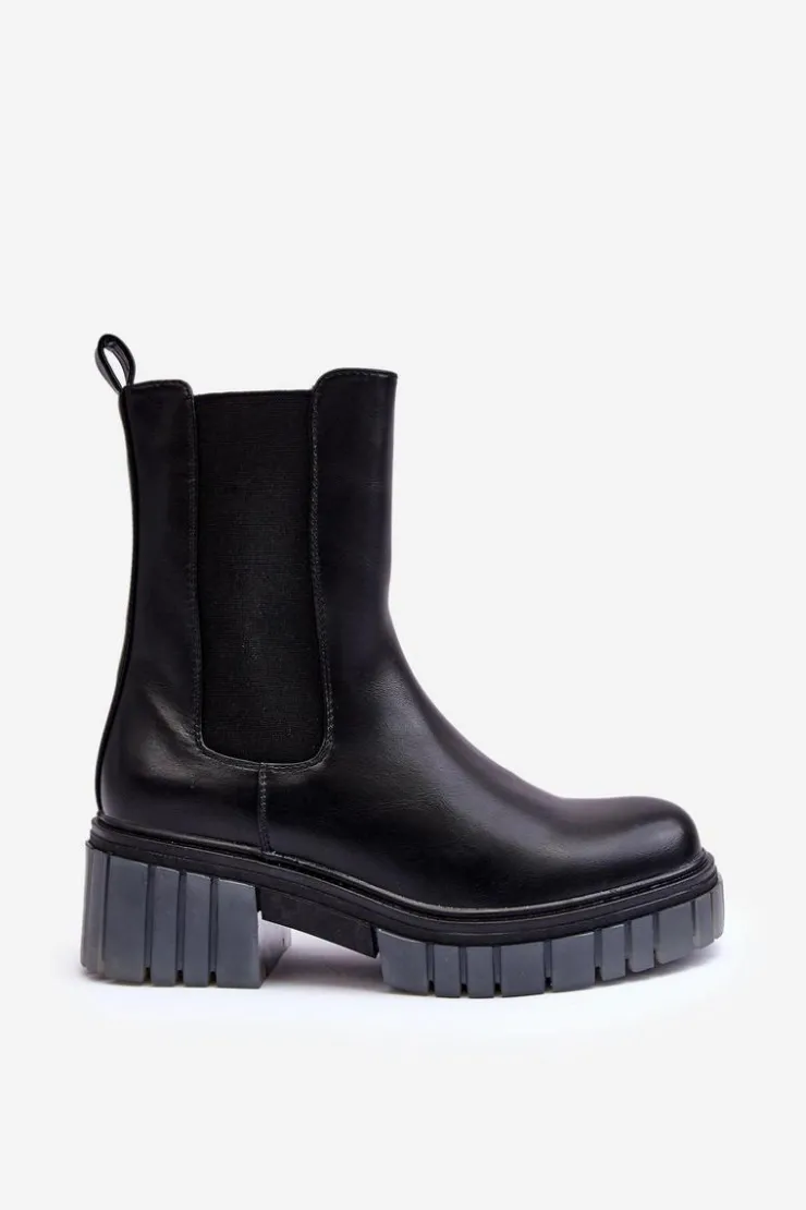 Damskie Boto Skórzane Botki Sztyblety Na Grubej Podeszwie Czarne Apetrius