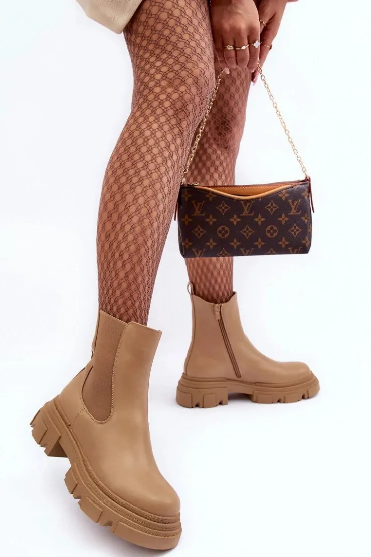 Online Boto Skórzane Botki Sztyblety Na Płaskim Obcasie i Platformie Beżowe Solita