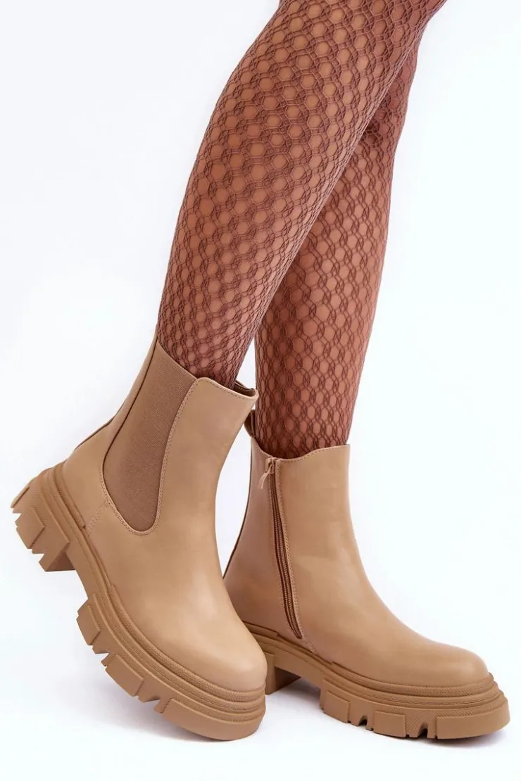 Online Boto Skórzane Botki Sztyblety Na Płaskim Obcasie i Platformie Beżowe Solita