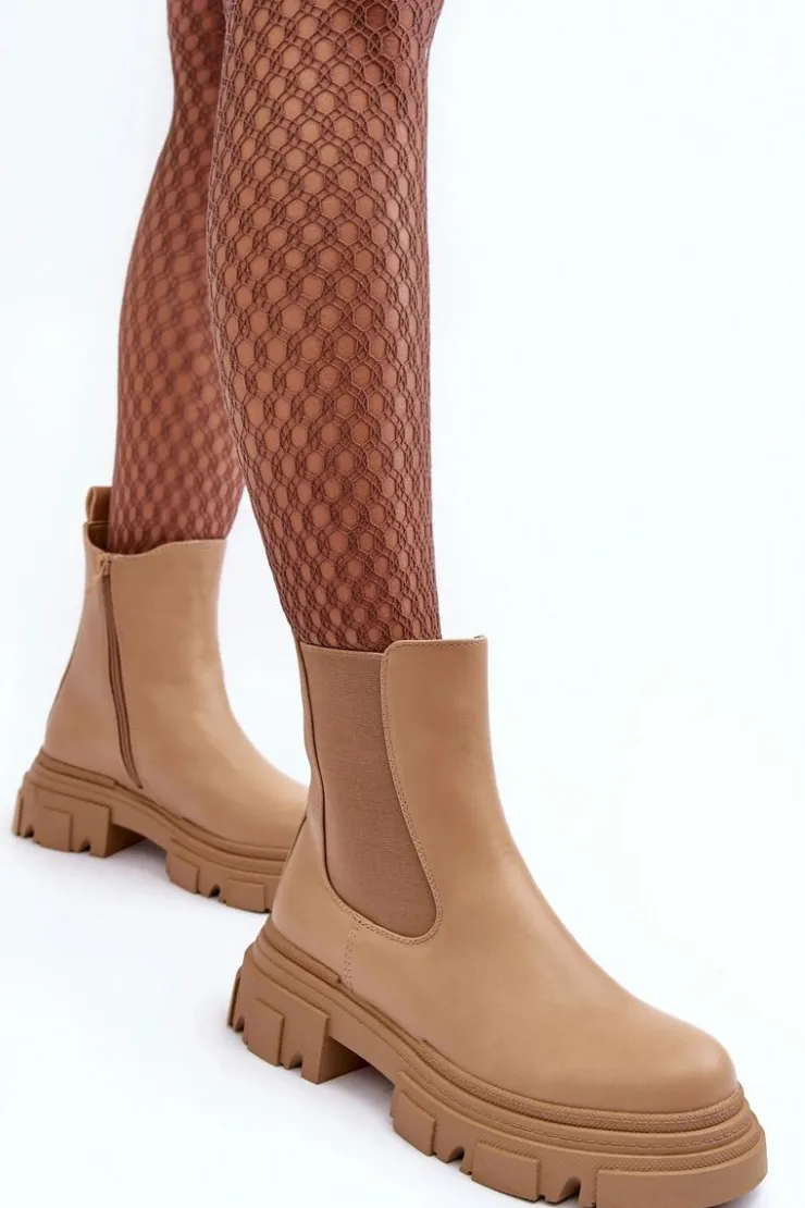 Online Boto Skórzane Botki Sztyblety Na Płaskim Obcasie i Platformie Beżowe Solita