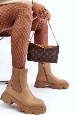 Online Boto Skórzane Botki Sztyblety Na Płaskim Obcasie i Platformie Beżowe Solita