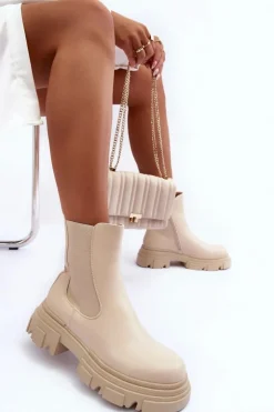 Damskie Boto Skórzane Botki Sztyblety Na Płaskim Obcasie i Platformie Jasnobeżowe Solita