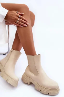 Damskie Boto Skórzane Botki Sztyblety Na Płaskim Obcasie i Platformie Jasnobeżowe Solita
