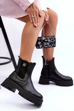 Damskie Boto Skórzane Botki Sztyblety Na Masywnej Platformie Czarne Lemar Lisencca