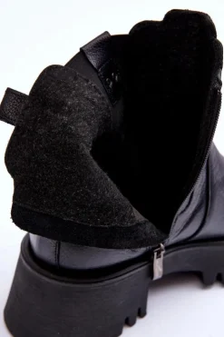 Damskie Boto Skórzane Botki Sztyblety Na Masywnej Platformie Czarne Lemar Lisencca