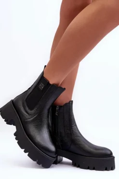 Damskie Boto Skórzane Botki Sztyblety Na Masywnej Platformie Czarne Lemar Lisencca