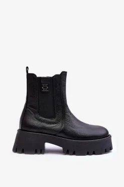 Damskie Boto Skórzane Botki Sztyblety Na Masywnej Platformie Czarne Lemar Lisencca