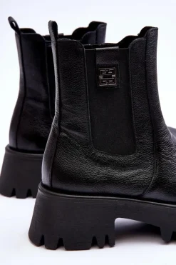 Damskie Boto Skórzane Botki Sztyblety Na Masywnej Platformie Czarne Lemar Lisencca