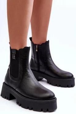 Damskie Boto Skórzane Botki Sztyblety Na Masywnej Platformie Czarne Lemar Lisencca