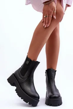 Damskie Boto Skórzane Botki Sztyblety Na Masywnej Platformie Czarne Lemar Lisencca