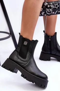 Damskie Boto Skórzane Botki Sztyblety Na Masywnej Platformie Czarne Lemar Lisencca