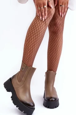 Damskie Boto Skórzane Botki Sztyblety Na Masywnej Platformie Beżowe Lemar Lisencca