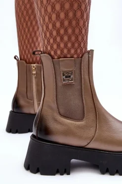 Damskie Boto Skórzane Botki Sztyblety Na Masywnej Platformie Beżowe Lemar Lisencca