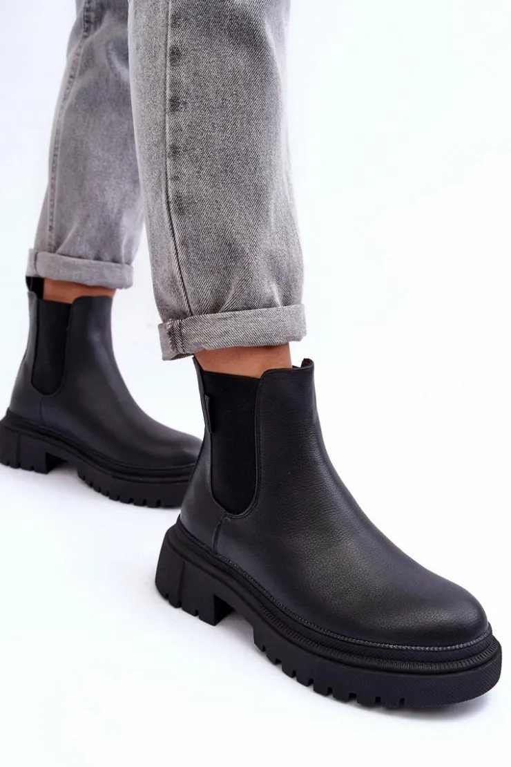 Hot Big Star Shoes Skórzane Botki Sztyblety Ocieplane Big Star MM274619 Czarne