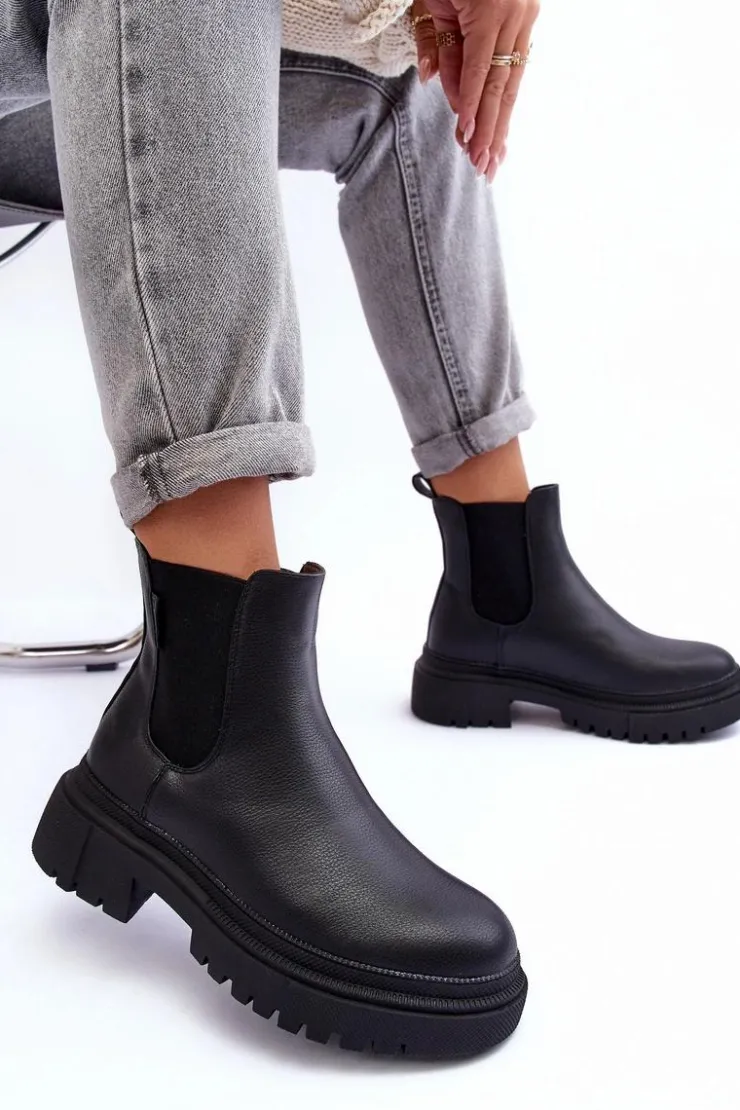 Hot Big Star Shoes Skórzane Botki Sztyblety Ocieplane Big Star MM274619 Czarne