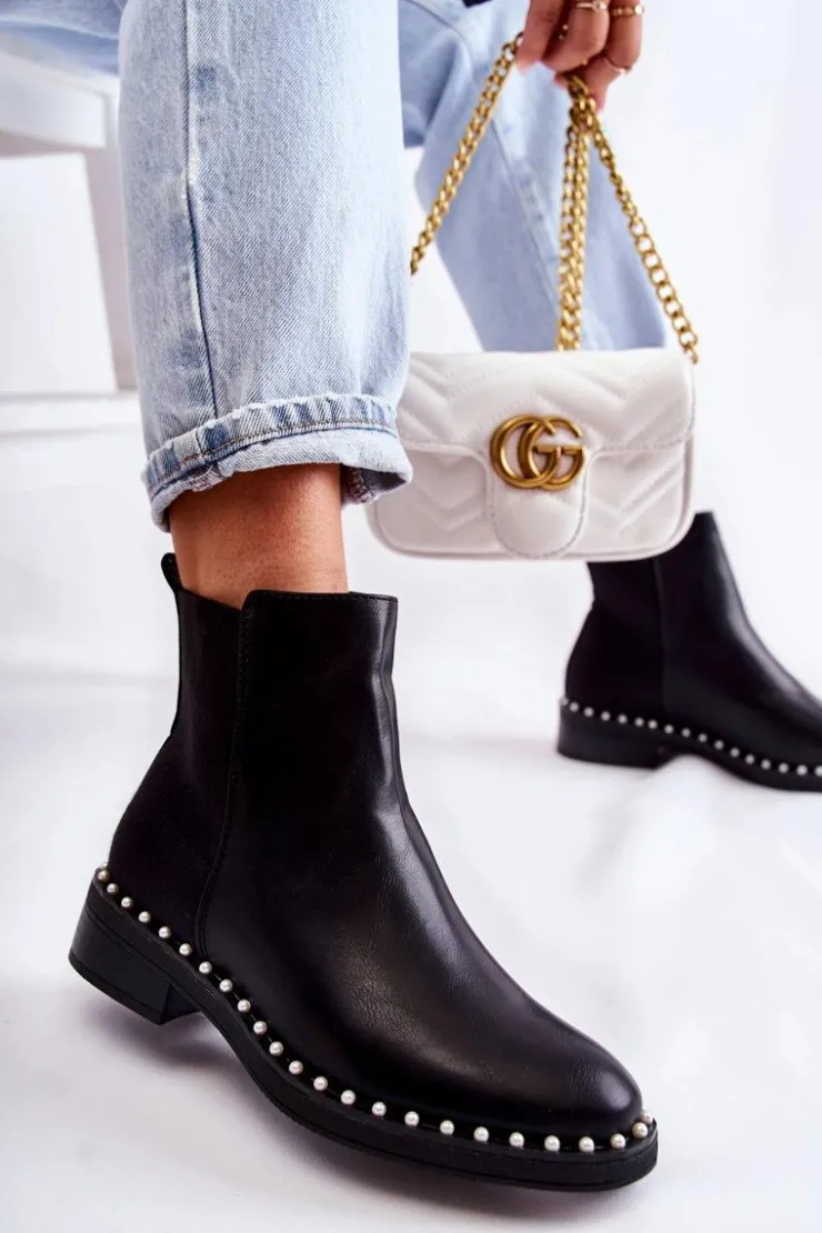 Damskie Boto Skórzane Botki Sztyblety Z Perełkami Czarne Jilanna