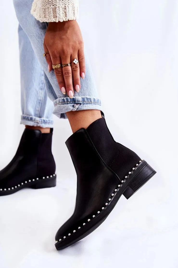 Damskie Boto Skórzane Botki Sztyblety Z Perełkami Czarne Jilanna