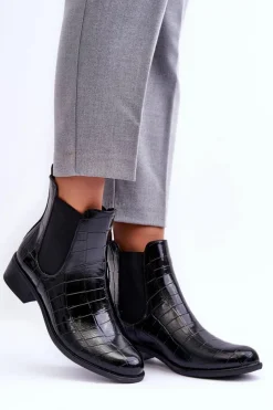 Boto Czarne Botki|Botki Zimowe Damskie*Skórzane Botki Sztyblety Zwierzęcy Wzór Czarne Daina