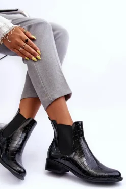 Boto Czarne Botki|Botki Zimowe Damskie*Skórzane Botki Sztyblety Zwierzęcy Wzór Czarne Daina
