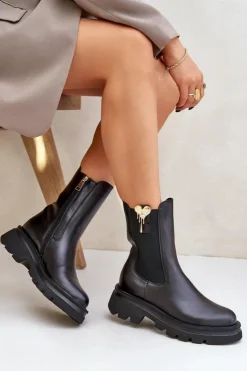 CheBello Botki Ocieplane|Botki Skórzane*Skórzane Botki Sztyblety z Ozdobą 4537 Czarne