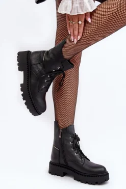 Damskie Zazoo Skórzane Botki Trapery Damskie Na Suwak 949P Czarne