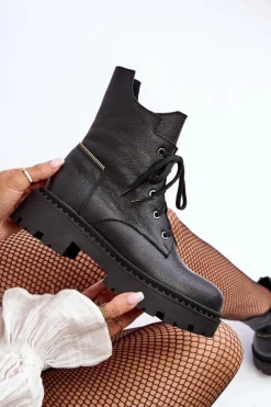 Damskie Zazoo Skórzane Botki Trapery Damskie Na Suwak 949P Czarne