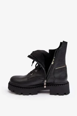 Damskie Zazoo Skórzane Botki Trapery Damskie Na Suwak 949P Czarne