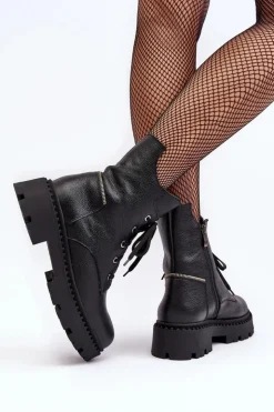Damskie Zazoo Skórzane Botki Trapery Damskie Na Suwak 949P Czarne