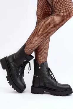 Damskie Zazoo Skórzane Botki Trapery Damskie Na Suwak 949P Czarne