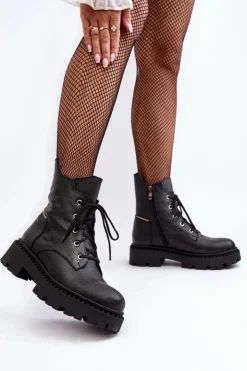 Damskie Zazoo Skórzane Botki Trapery Damskie Na Suwak 949P Czarne