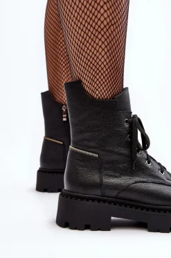 Damskie Zazoo Skórzane Botki Trapery Damskie Na Suwak 949P Czarne