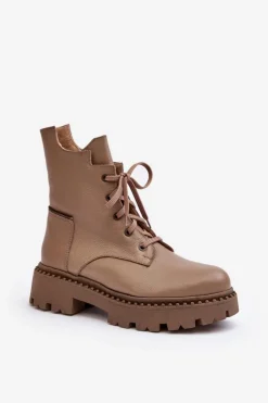 Clearance Zazoo Skórzane Botki Trapery Damskie Na Suwak 949P Ciemnobeżowe