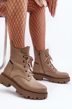 Clearance Zazoo Skórzane Botki Trapery Damskie Na Suwak 949P Ciemnobeżowe