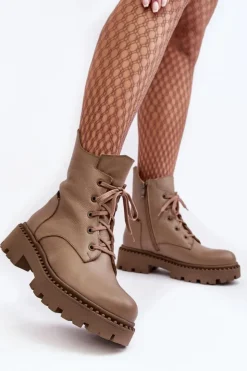 Clearance Zazoo Skórzane Botki Trapery Damskie Na Suwak 949P Ciemnobeżowe