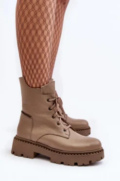 Clearance Zazoo Skórzane Botki Trapery Damskie Na Suwak 949P Ciemnobeżowe