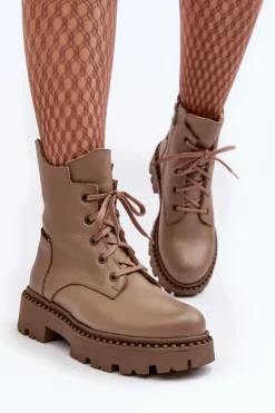 Clearance Zazoo Skórzane Botki Trapery Damskie Na Suwak 949P Ciemnobeżowe