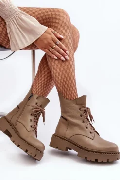 Clearance Zazoo Skórzane Botki Trapery Damskie Na Suwak 949P Ciemnobeżowe