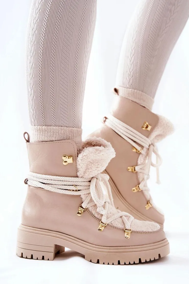 Boto Damskie Trapery|Botki Skórzane*Skórzane Botki Trapery Wiązane Lewski Jasnobeżowe 3116 Beżowy