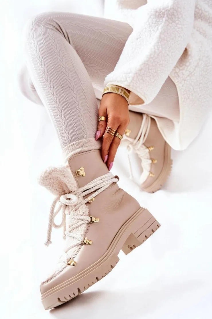 Boto Damskie Trapery|Botki Skórzane*Skórzane Botki Trapery Wiązane Lewski Jasnobeżowe 3116 Beżowy