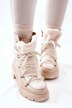 Boto Damskie Trapery|Botki Skórzane*Skórzane Botki Trapery Wiązane Lewski Jasnobeżowe 3116 Beżowy