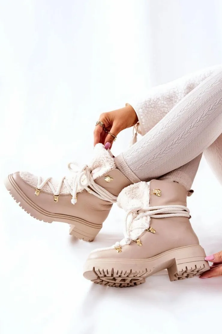 Boto Damskie Trapery|Botki Skórzane*Skórzane Botki Trapery Wiązane Lewski Jasnobeżowe 3116 Beżowy