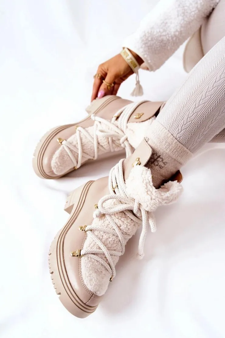 Boto Damskie Trapery|Botki Skórzane*Skórzane Botki Trapery Wiązane Lewski Jasnobeżowe 3116 Beżowy