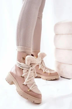 Boto Damskie Trapery|Botki Skórzane*Skórzane Botki Trapery Wiązane Lewski Beżowe 3116