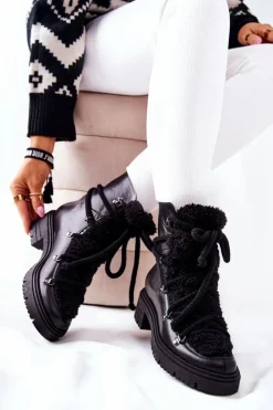 Damskie Boto Skórzane Botki Trapery Wiązane Lewski Czarne 3116