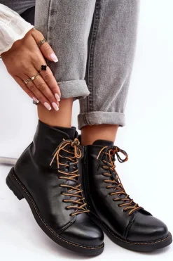 Buty damskie Vinceza Czarne Botki|Botki Płaskie*Skórzane Botki Trzewiki Damskie Czarne Ethel